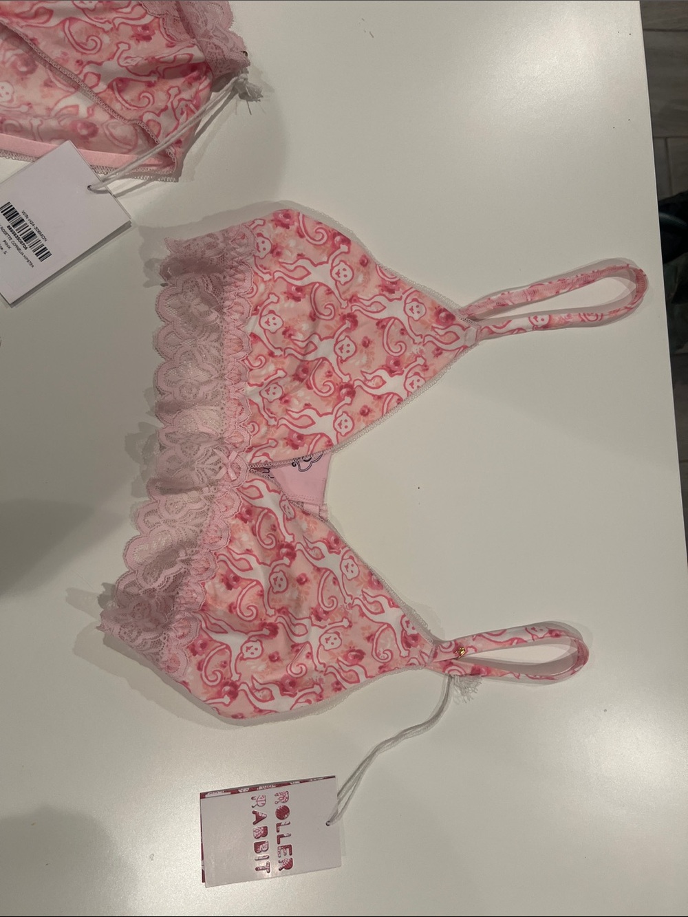 Roller Rabbit Pink Printed Lace-Trim Bralette